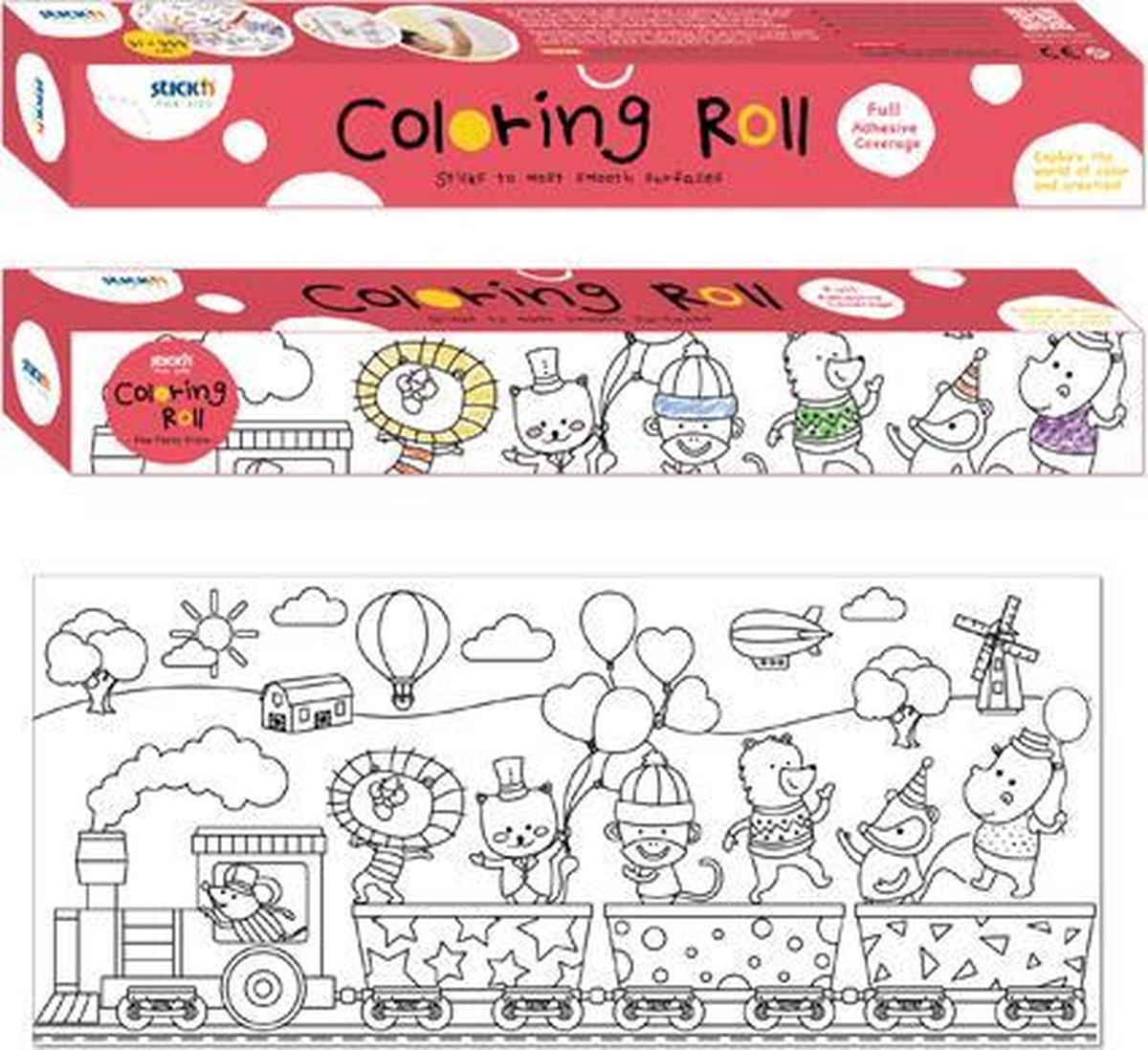 Tekenrol Stickn 31 x 355cm, wit, de feesttrein, achterzijde volledig voorzien van non-permanente lijm